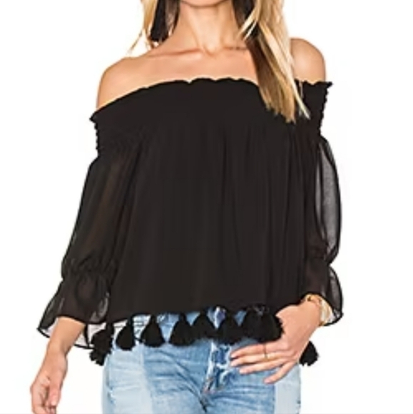 Misa Fontane blouse Off-the-Shoulder 3/4-Sleeve Tassel-Trim Top, Onyx Size Small - Picture 2 of 16